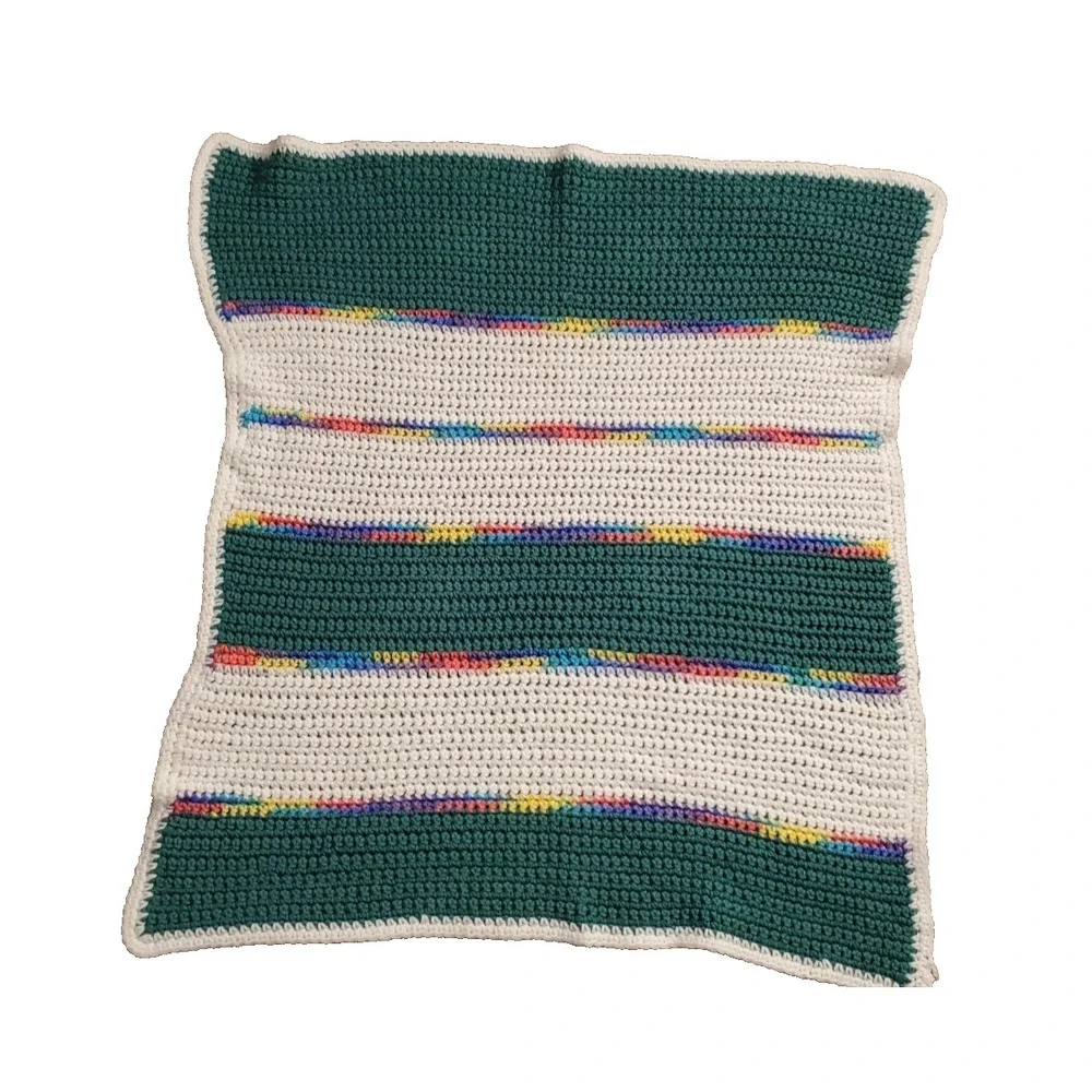 Hand Crocheted Knit Baby Blanket ~Green/ White 31